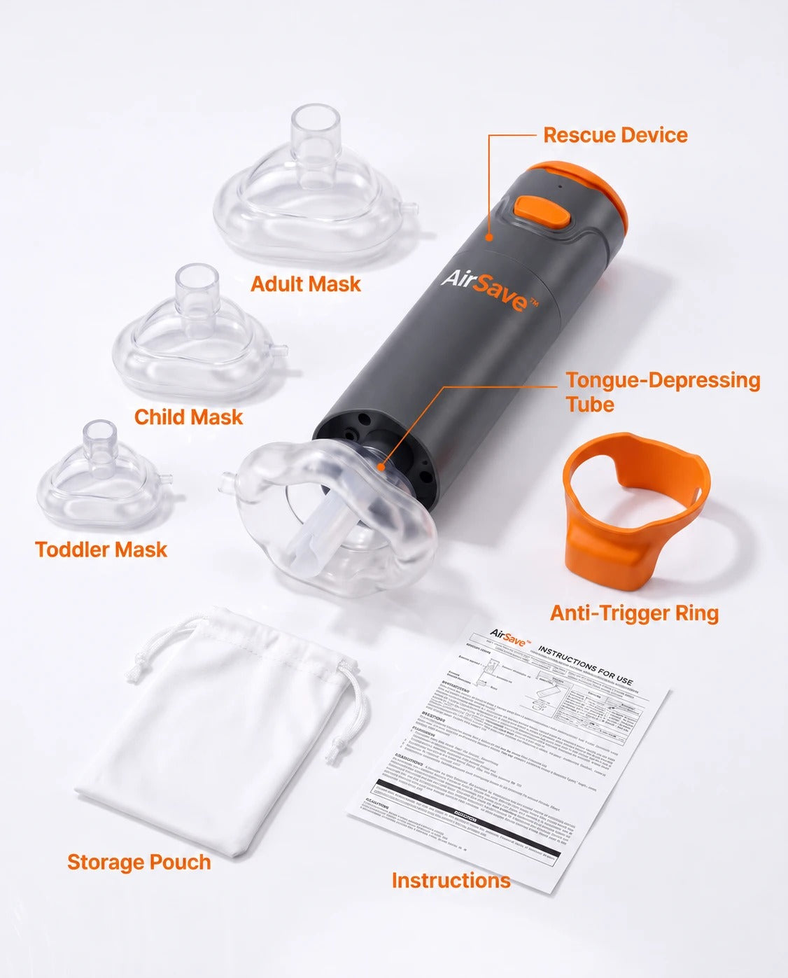 What's in the box: rescue device, three masks, tongue-depressing tube, anti-trigger ring, storage pouch, instructions